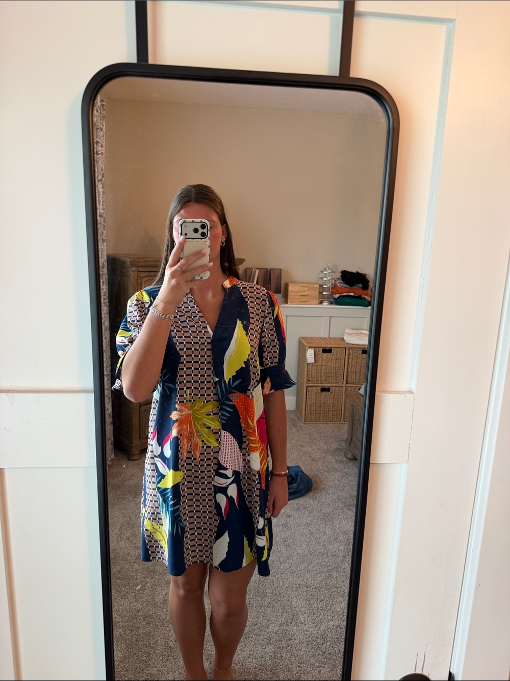 Navy Tropical Print V-Neck Shift Dress